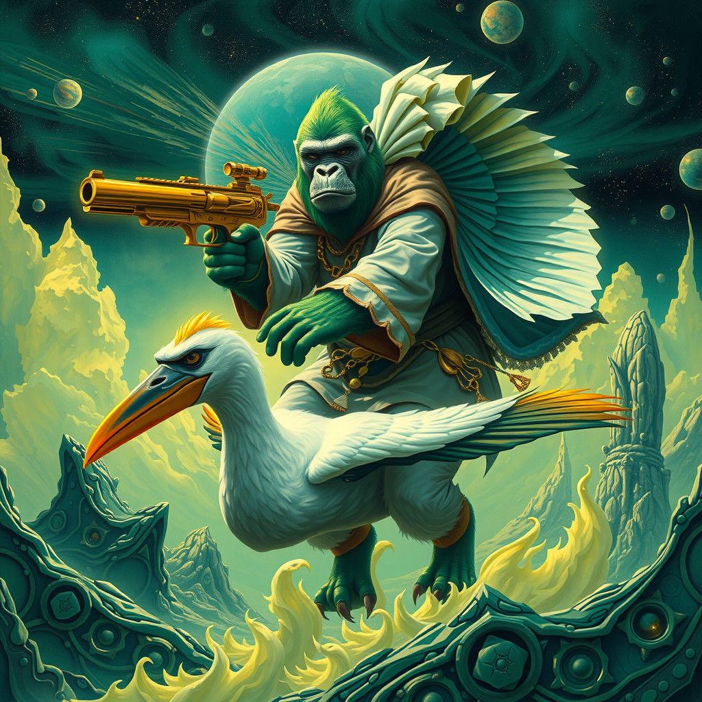 Green Gorilla Rides Gannet Over Ganymede in Futuristic Style