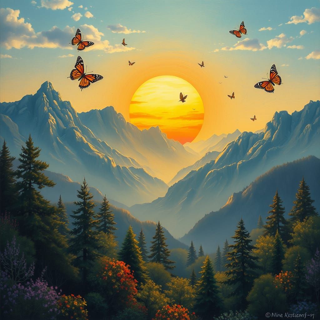Ethereal Landscape with Butterflies in Impasto Style