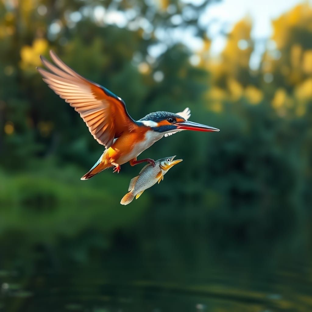 Kingfisher Captures Fish, Low Angle Wildlife Photography