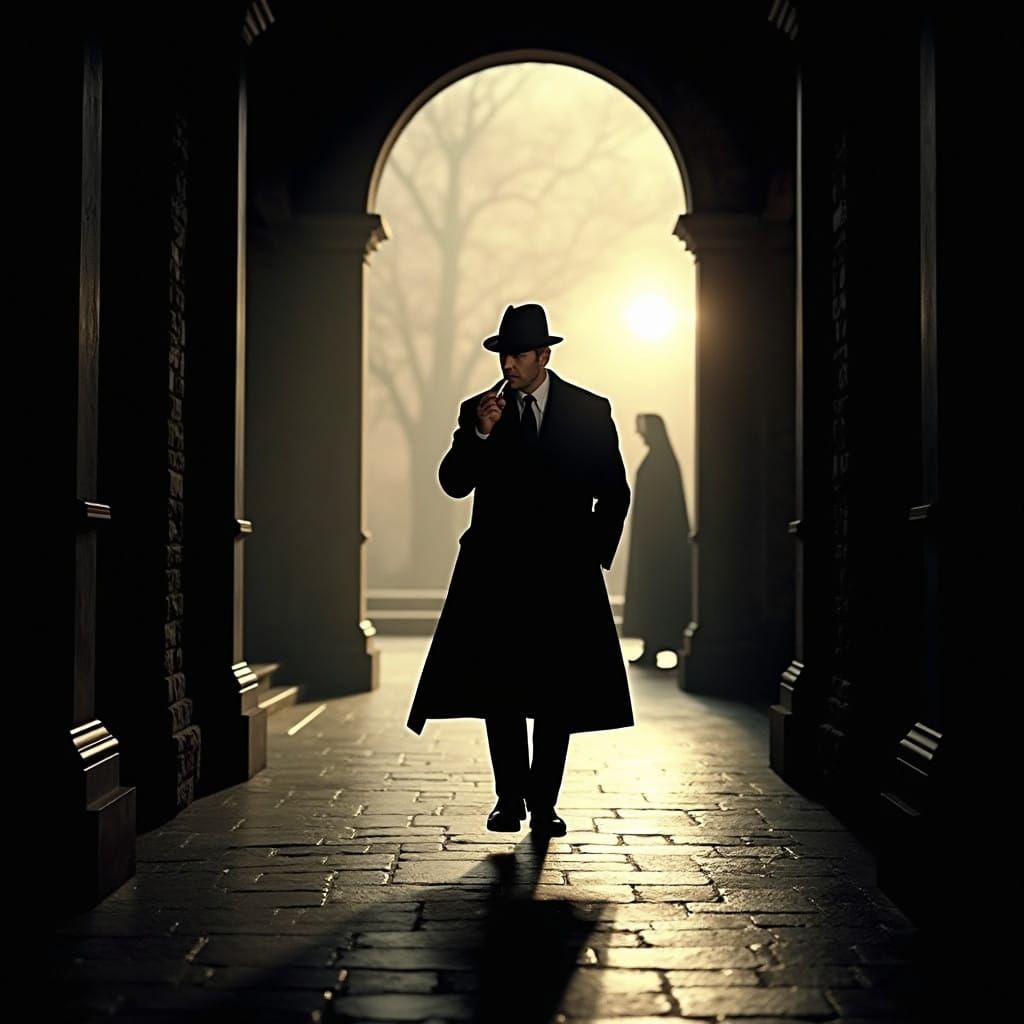 Mysterious Figure Walks Cloistered Archway at Night