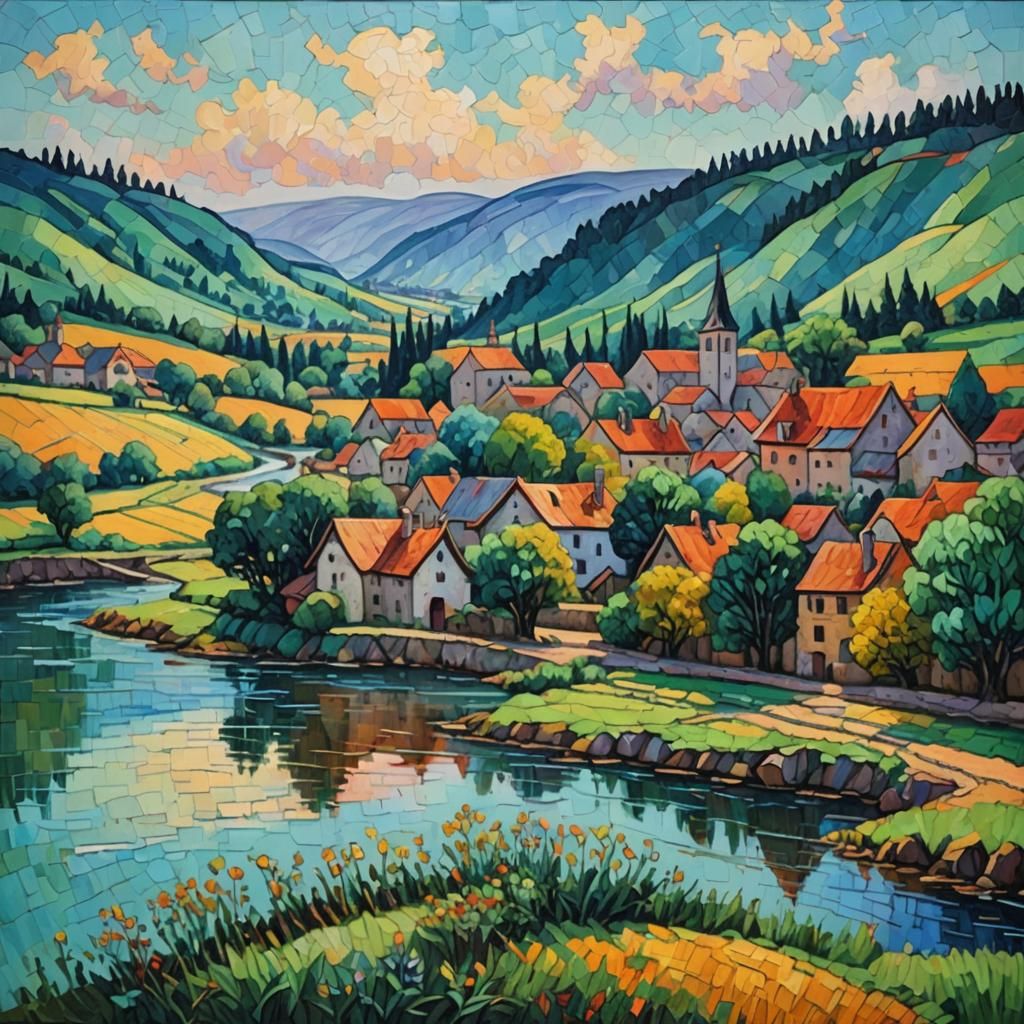 Medieval Farming Town in Expressionist Impasto Style