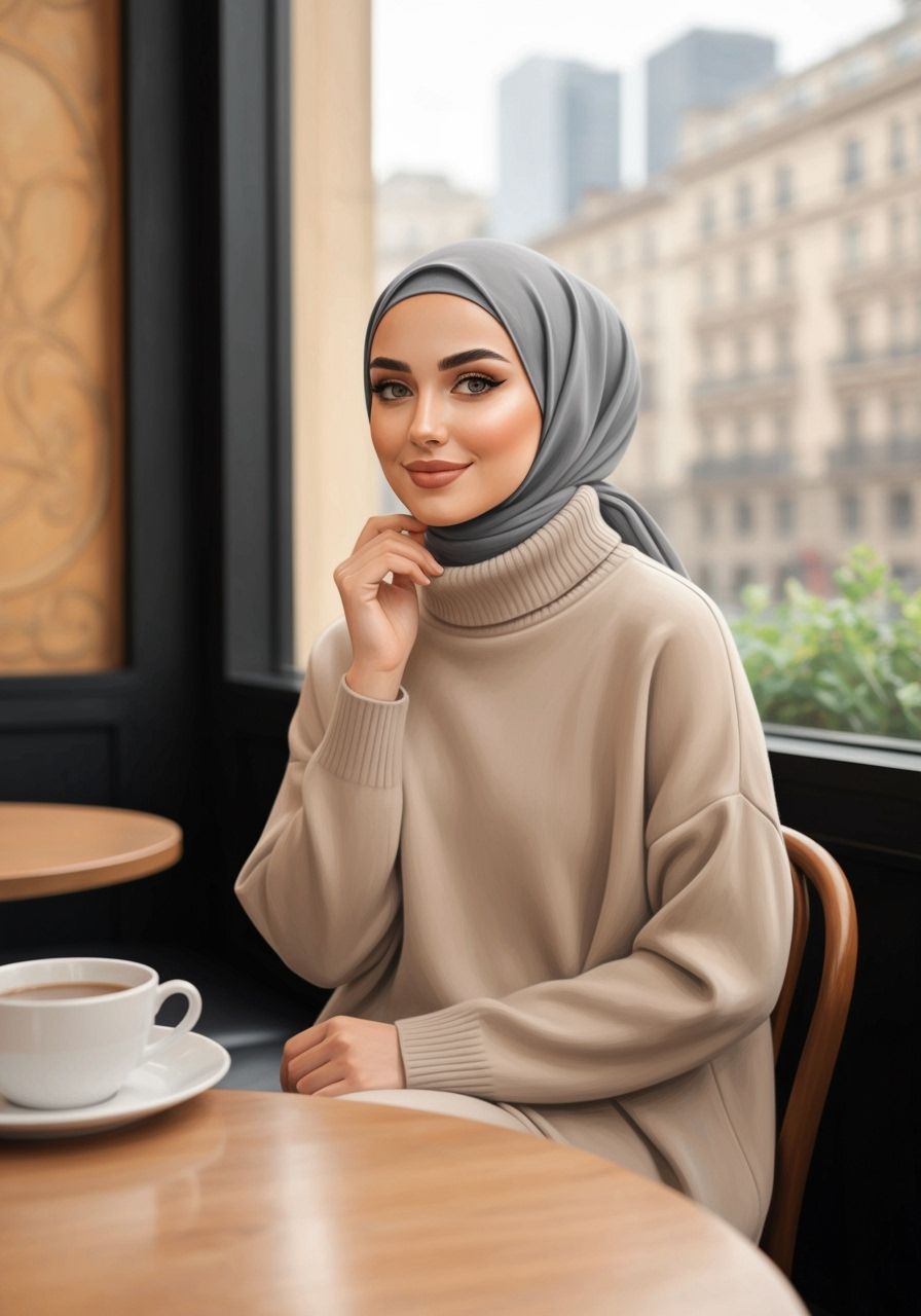 Hijabi Woman in Cozy Cafe, Detailed Pencil Painting