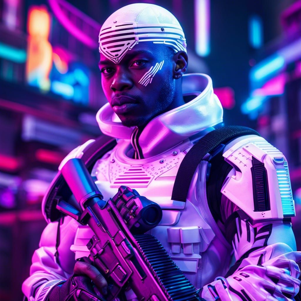 Cyberpunk Soldier in Neon Cityscape