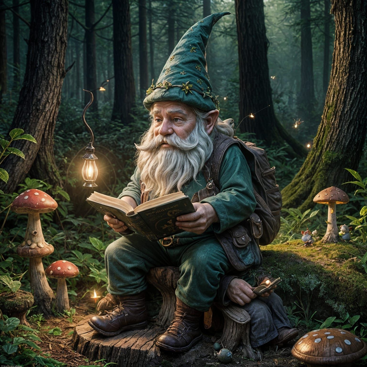 Whimsical Gnome in Enchanted Forest at Dusk