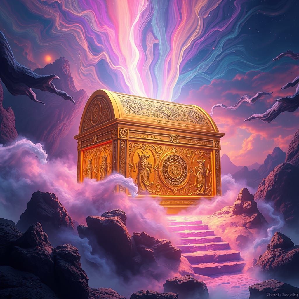 Golden Ark Radiating Divine Energy in Surreal Style
