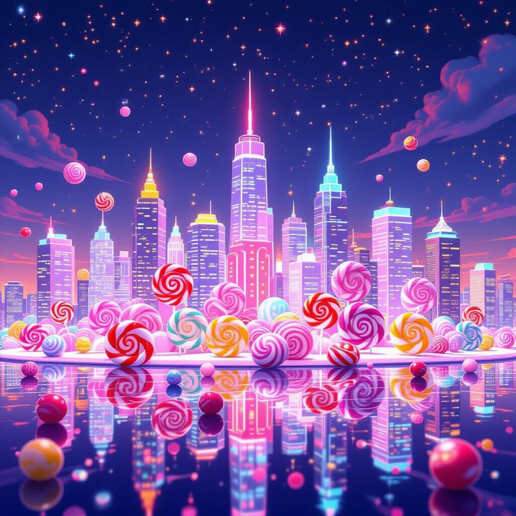Lollipop City Skyline in Whimsical Candy Art Style