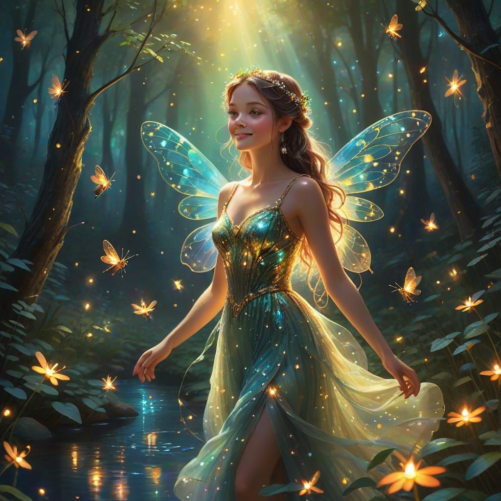 Whimsical Fairy Rides Firefly Through Enchanted Forest at Ni...