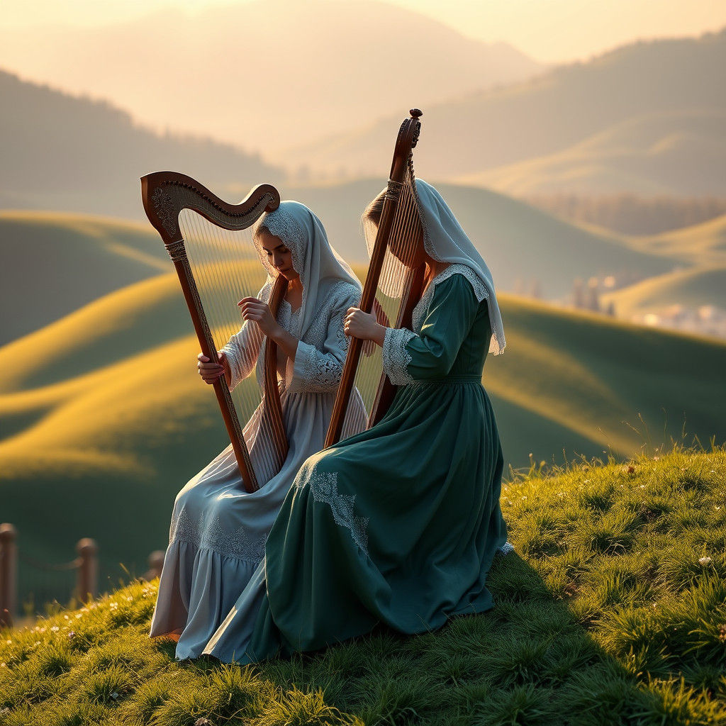 Hasidic Girls Playing Harp on Emerald Hill
