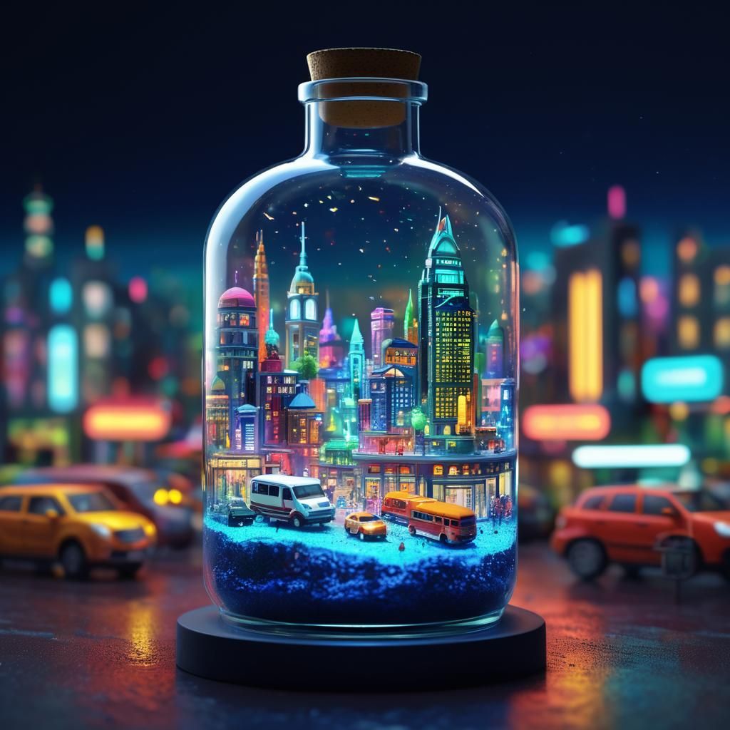 Miniature City Inside Glass Bottle: Hyperrealistic Concept A...