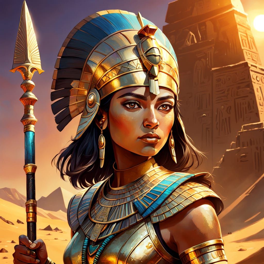 Egyptian Lady Warrior with Gold Helmet and Staff