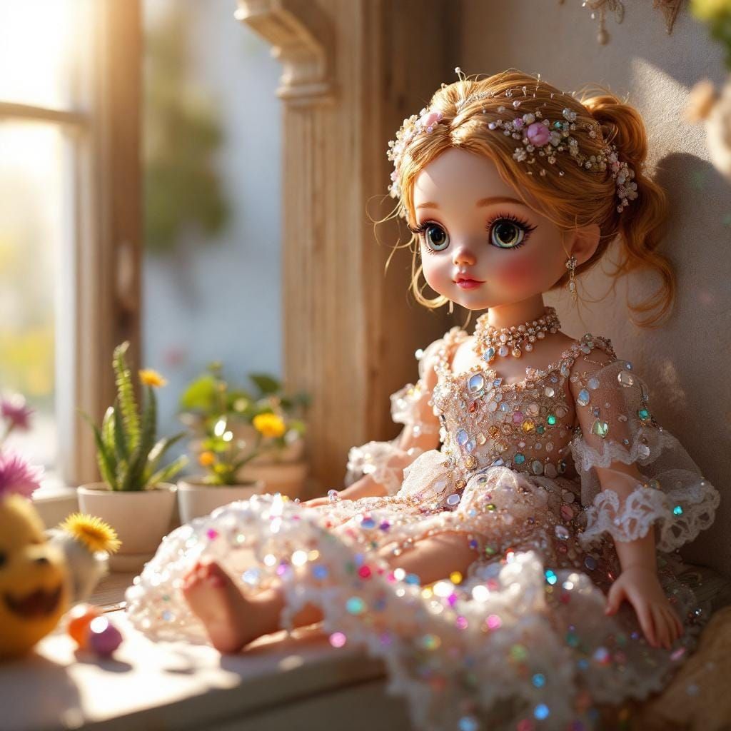 Beaded Doll in Sequined Dress with Oil Realism