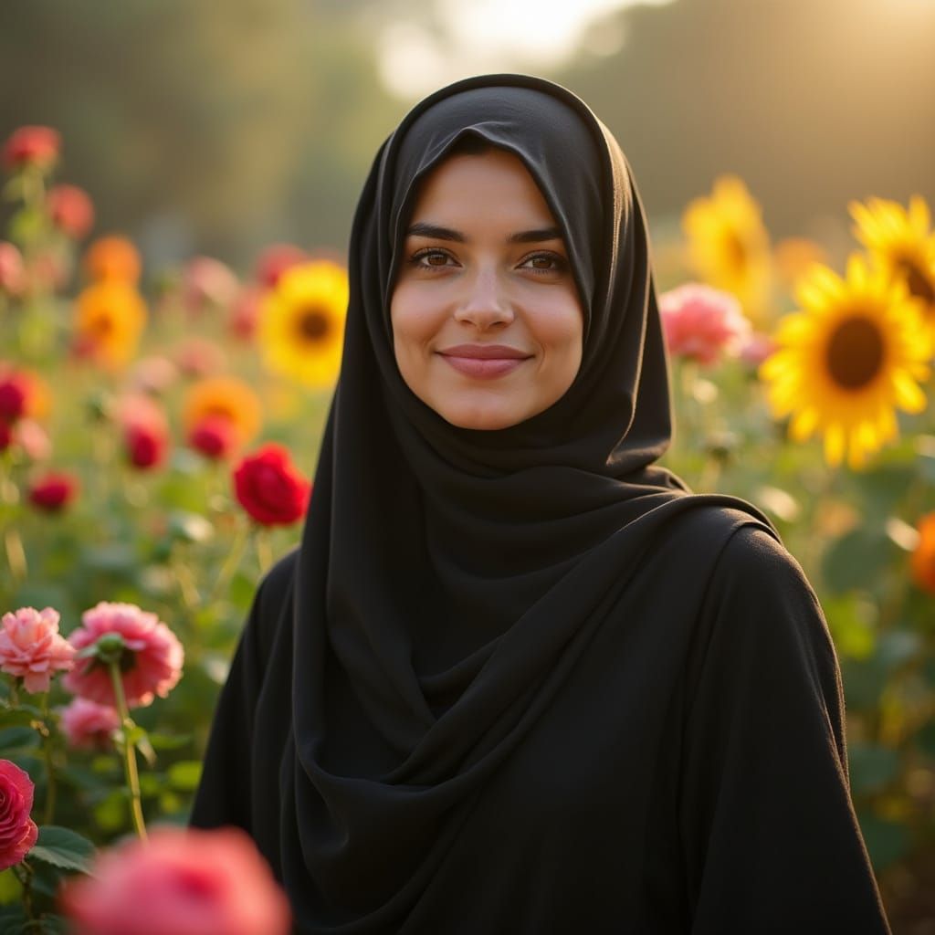 Elegant Iraqi Woman in Black Abaya Amidst Vibrant Garden