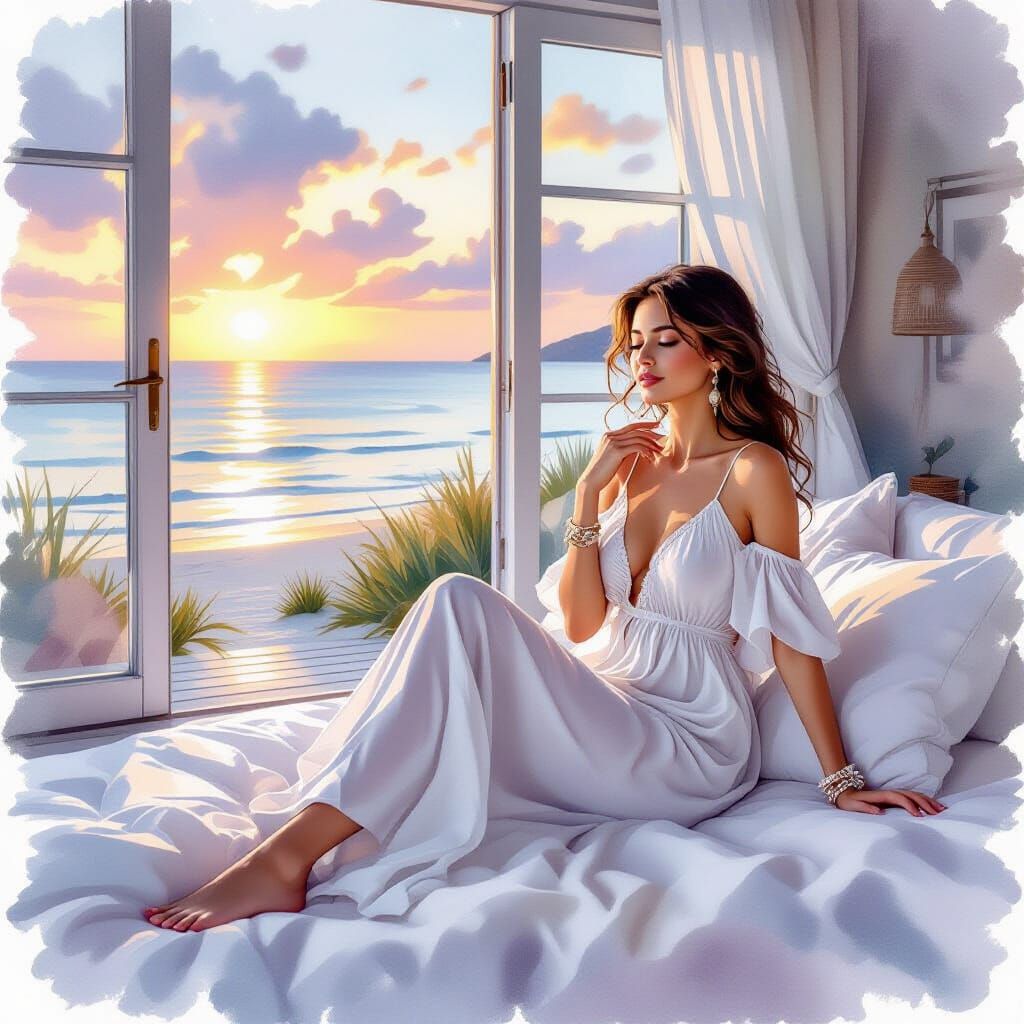 Serene Woman in Beach House, Watercolor Style