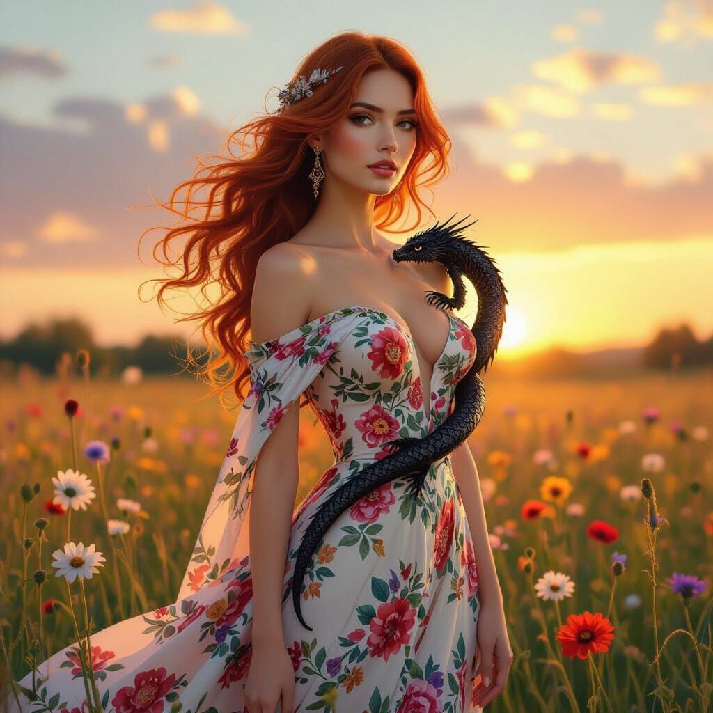 Elegant Woman with Dragon in Wildflower Field