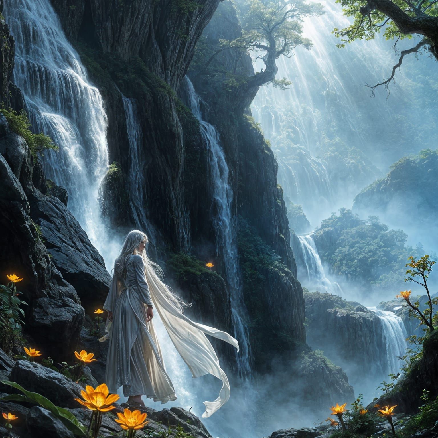 Dragonborn Rogue in Enchanted Waterfall Scene