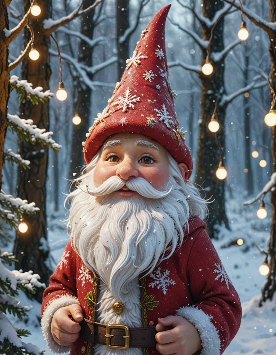 Christmas Gnome in Snowy Forest: Oil Painting