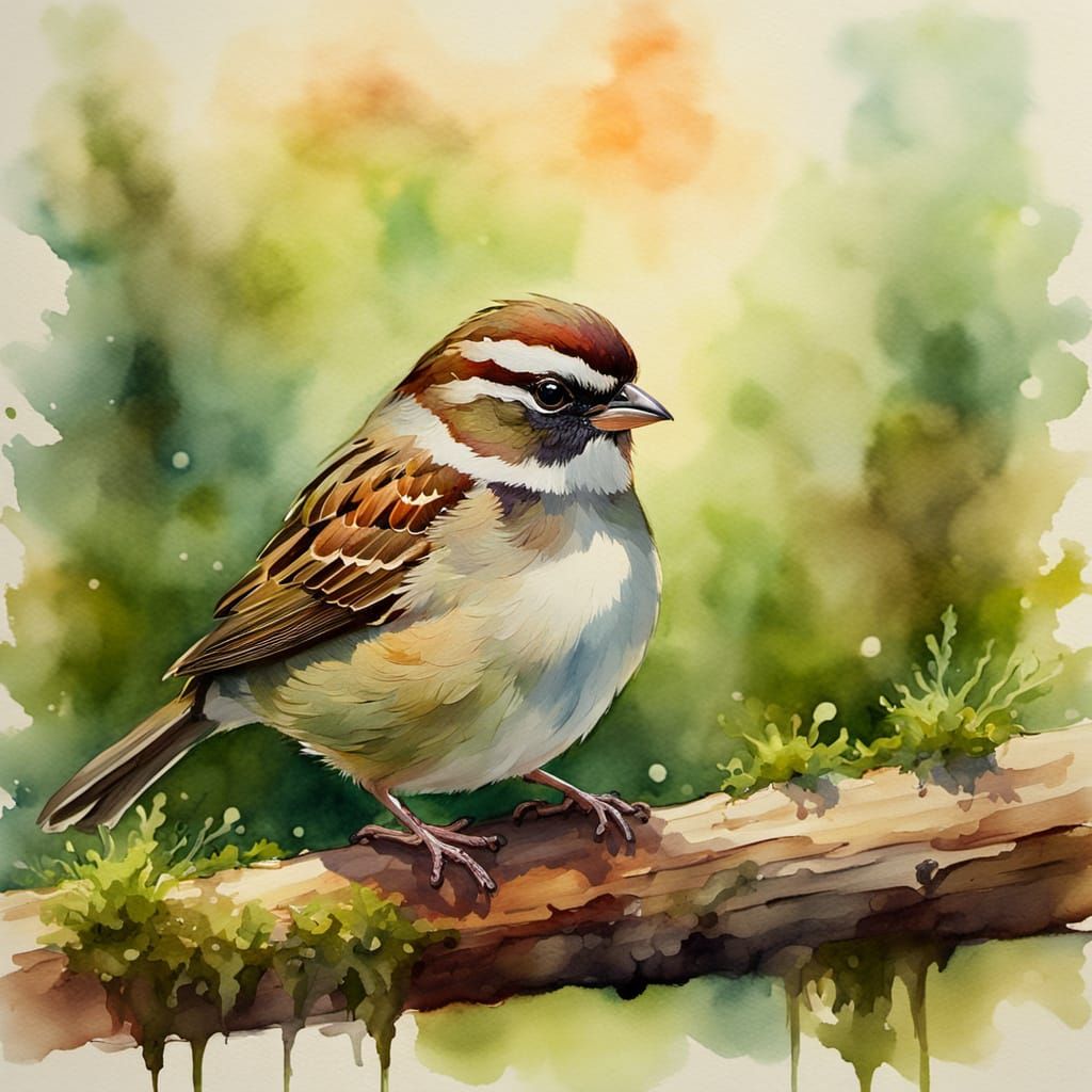 Sparrow Perched on Mossy Log in Watercolor