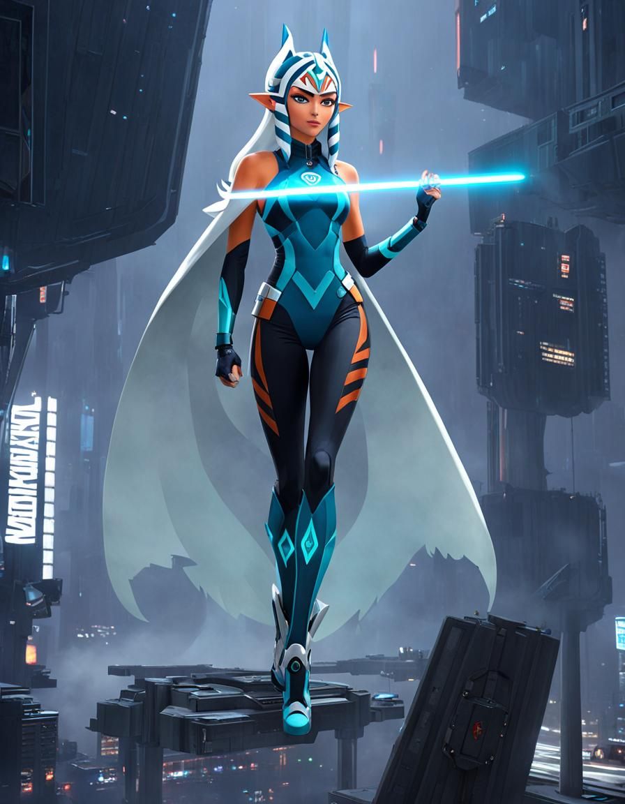Ghost Ahsoka in Cyberpunk Anime Style