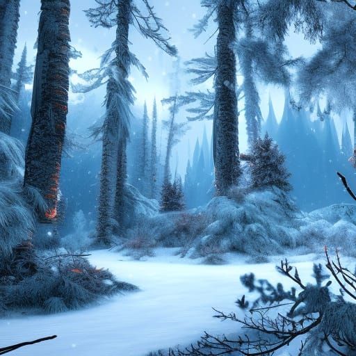 Detailed Matte Painting of a Snowy Forest