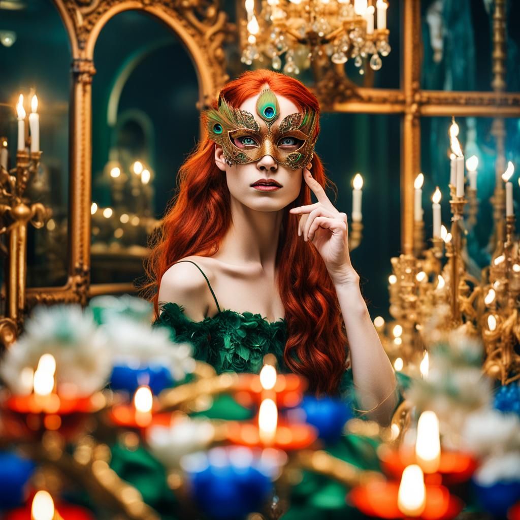 Red-Haired Woman in Peacock Masquerade Mask