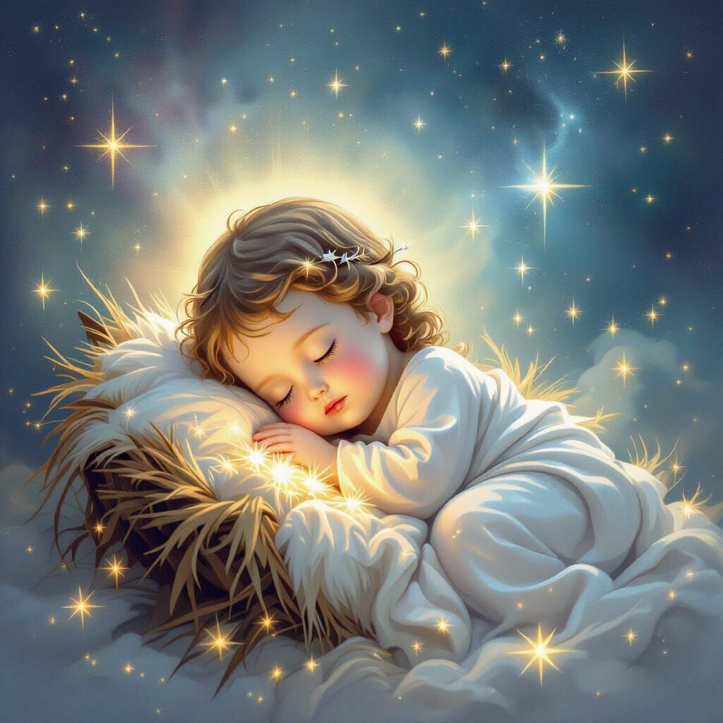 Serene Baby Jesus Sleeping in Manger with Cosmic Nebula