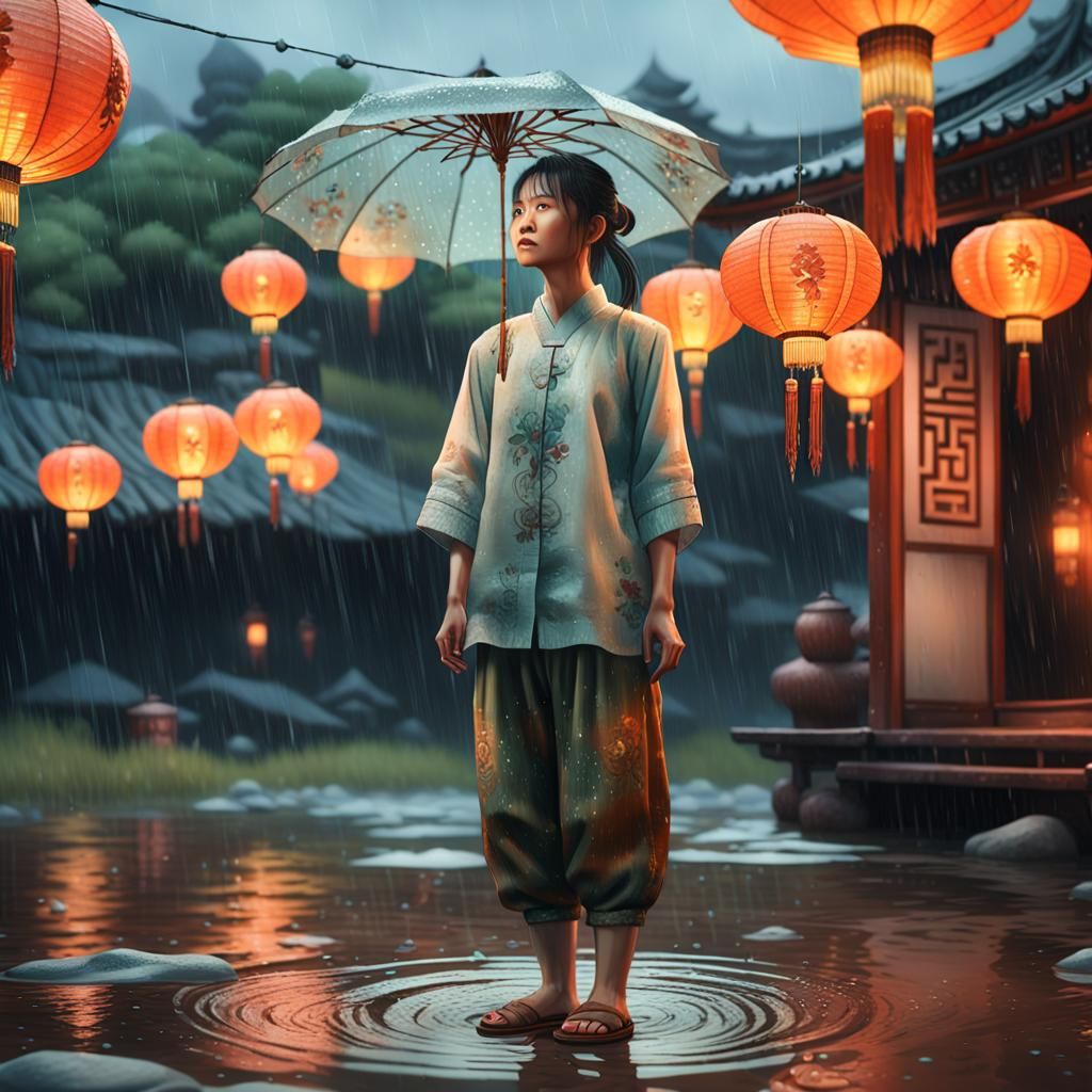 Chinese Woman in Rain, Digital Matte Painting
