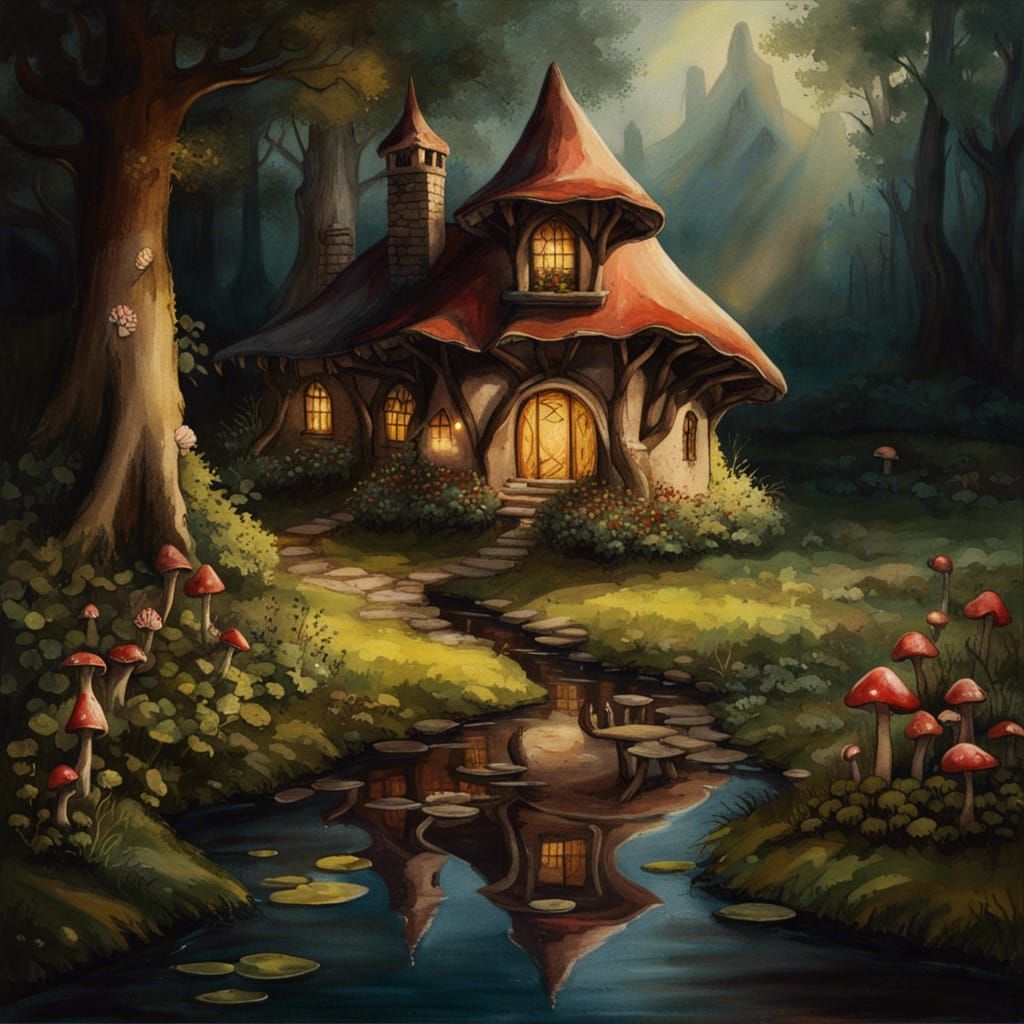 Fairytale Cottage in Forest Meadow: Watercolor Painting