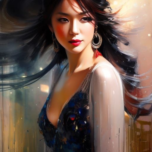 Attractive Woman Walking in Tokyo, Detailed Digital Painting