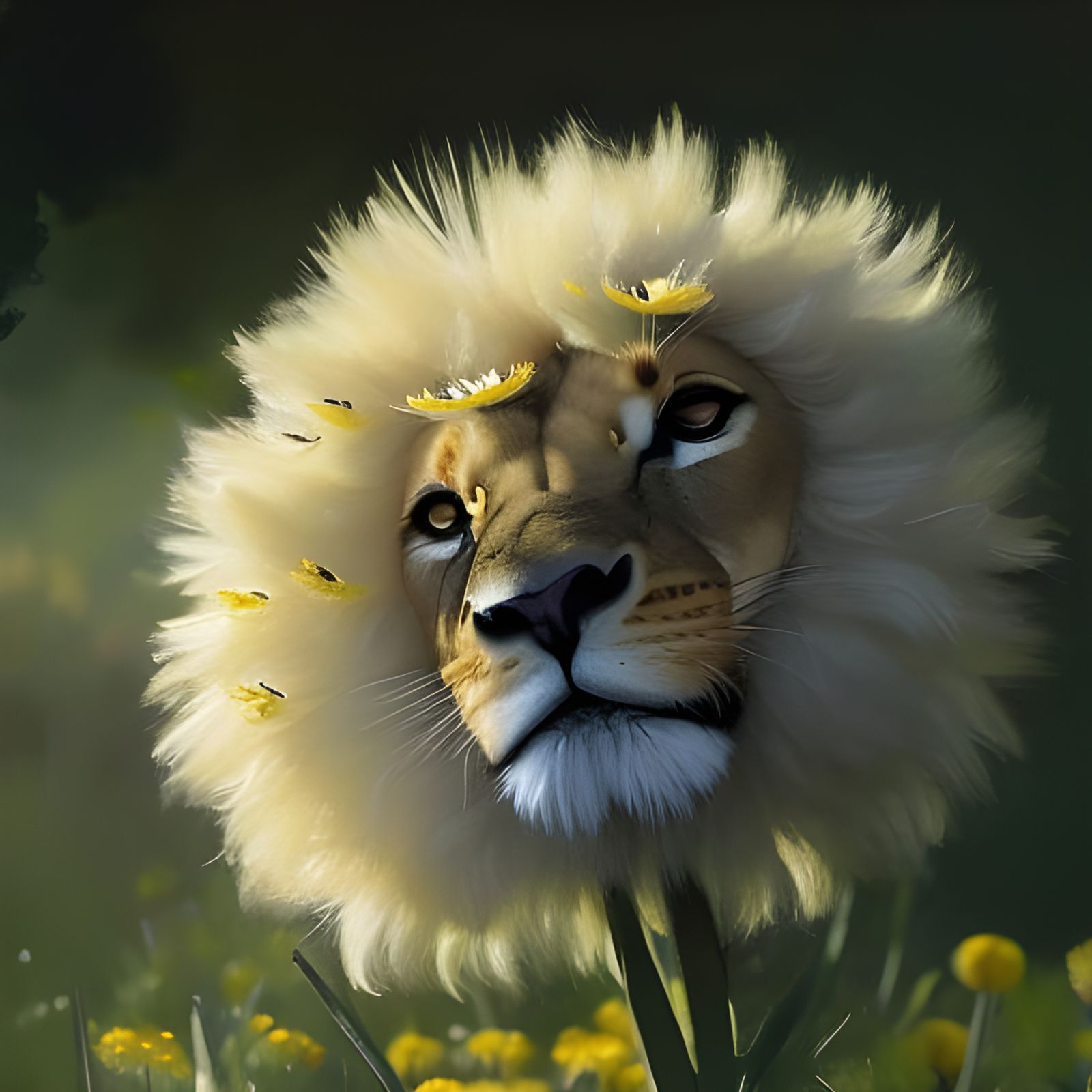 Lion Face Inside Dandelion in Oil Painting Style