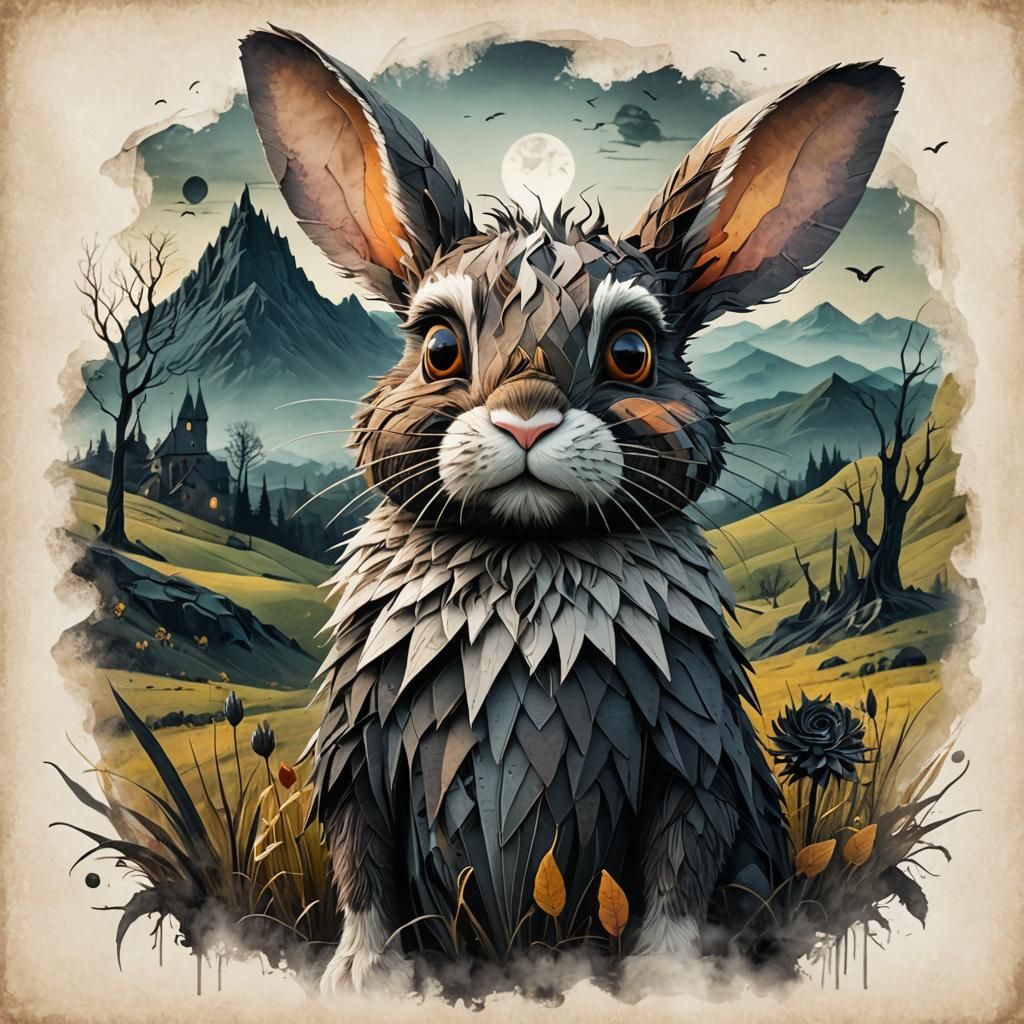 Eerie Funny Bunny in Dark Fantasy Landscape