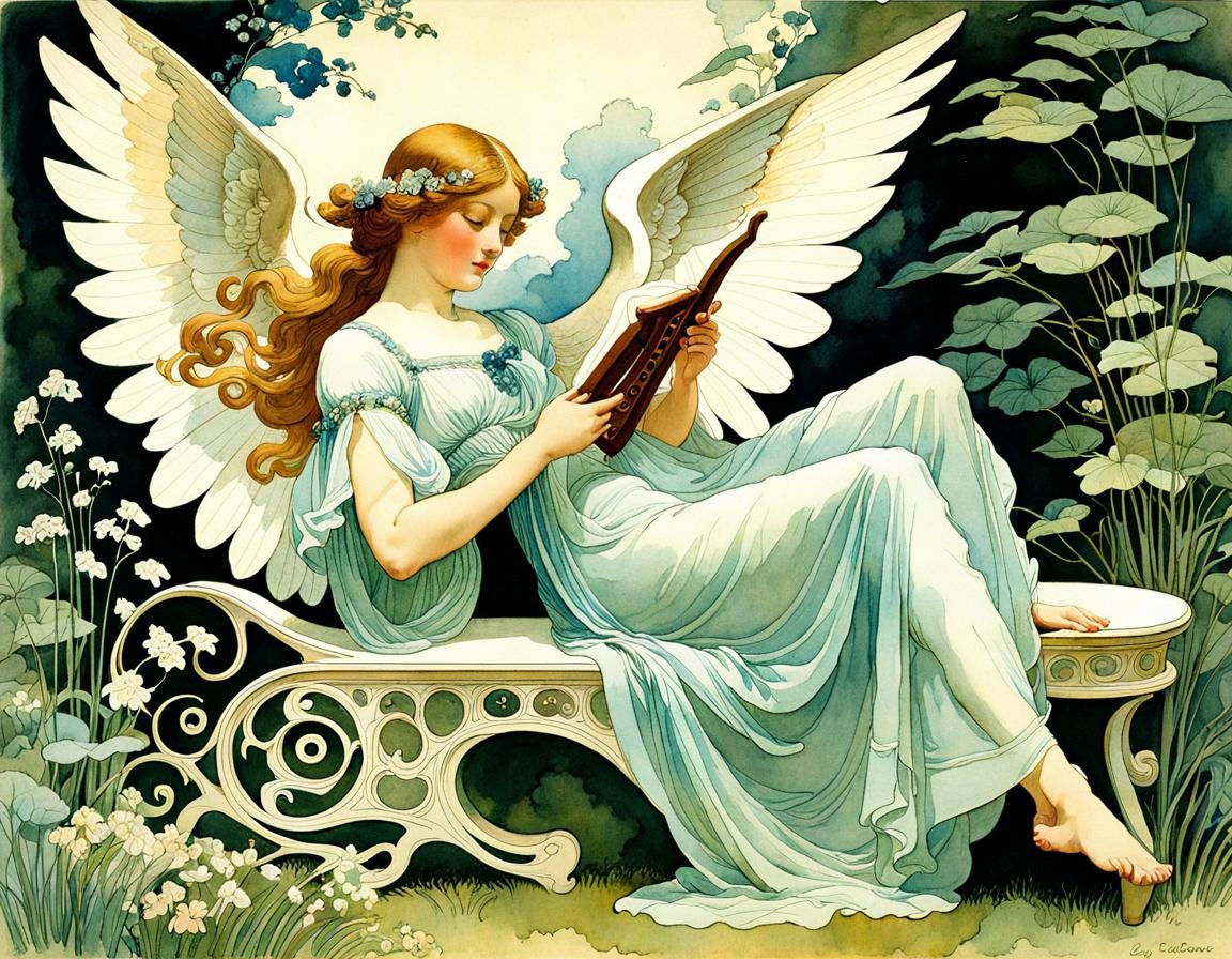 Blind Angel Plays Lyre in Dreamy Victorian Watercolor