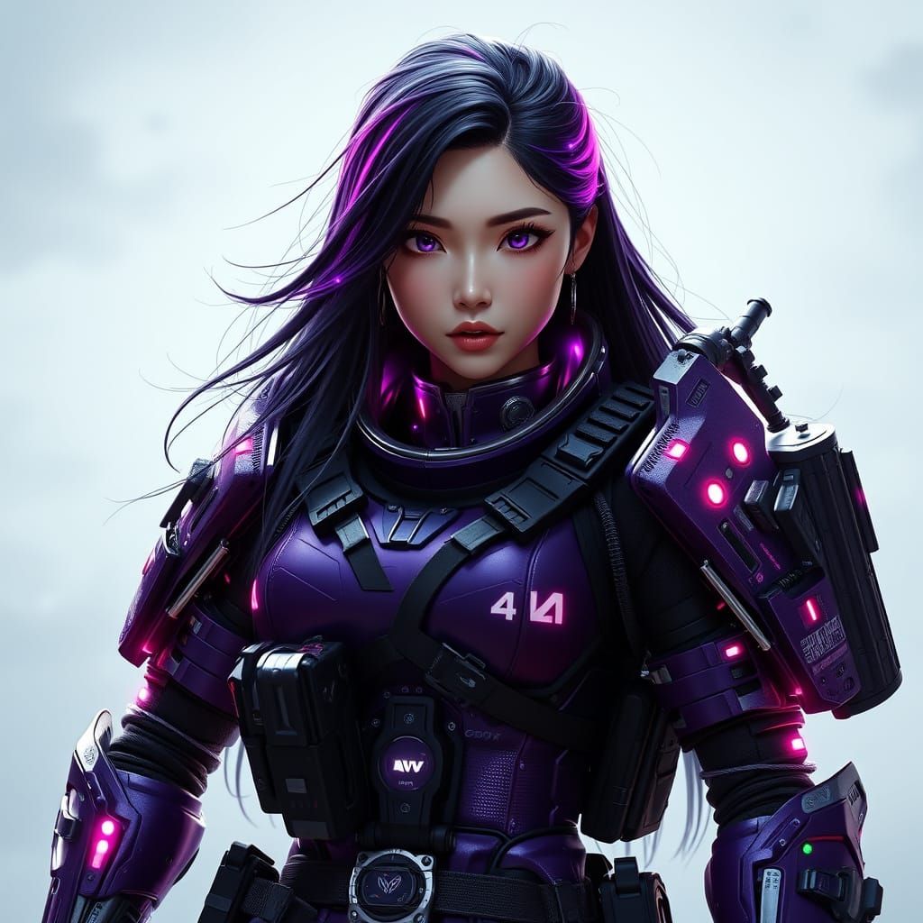 Epic Cyberpunk Heroine in Vibrant Purple Armor