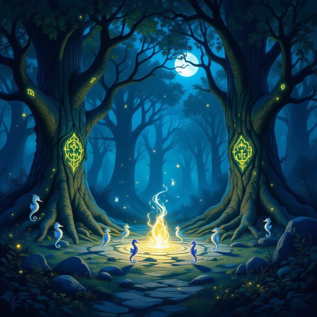 Enchanted Midnight Forest Rune Circle with Ethereal Spirits