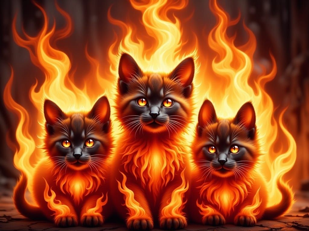 Three Fire Cats in Expressive Digital Painting Style