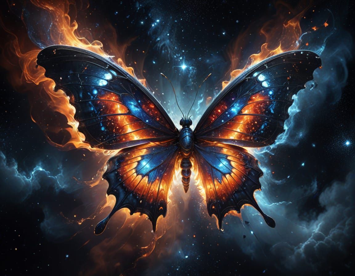 Symmetrical Butterfly in Starry Void with Fiery Wings
