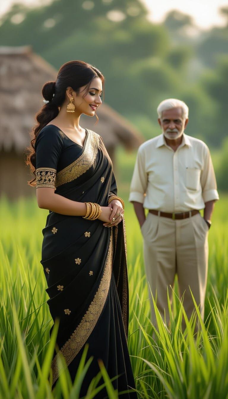 Woman in Black Saree in Lush Village Field
