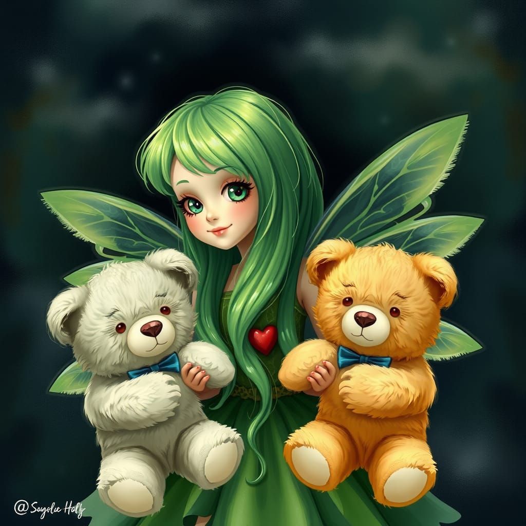 Green-Haired Fairy with Teddy Bears