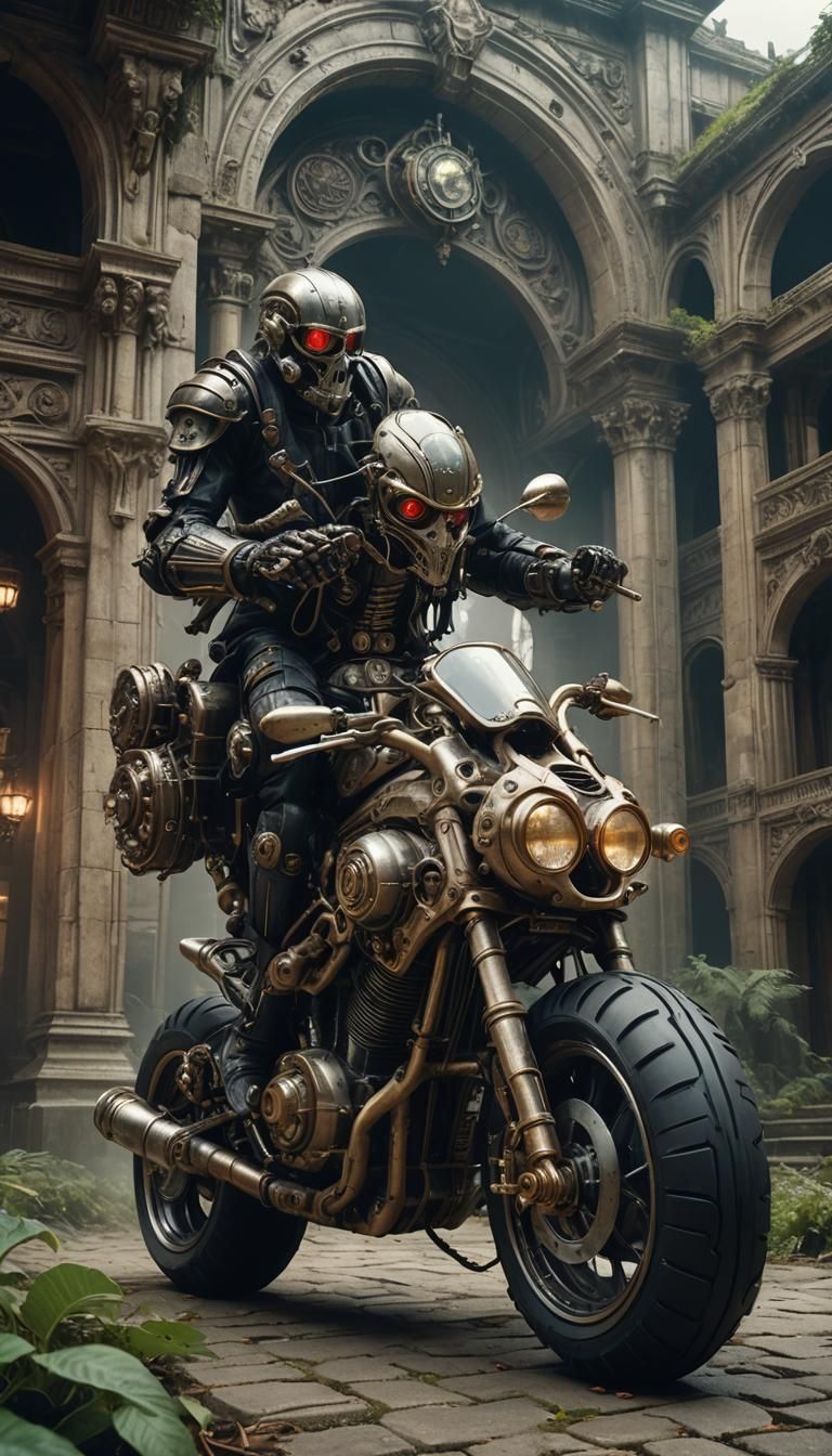 Biomechanical Steampunk Motorcycle in Ancient Palace