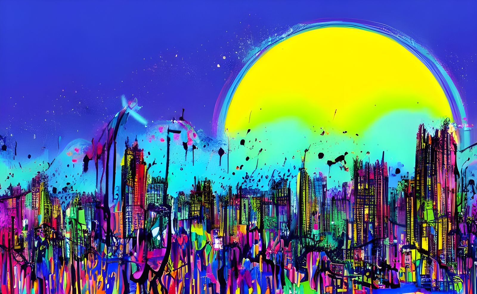 Nighttime London Estate with Rainbow, in Steadman Style