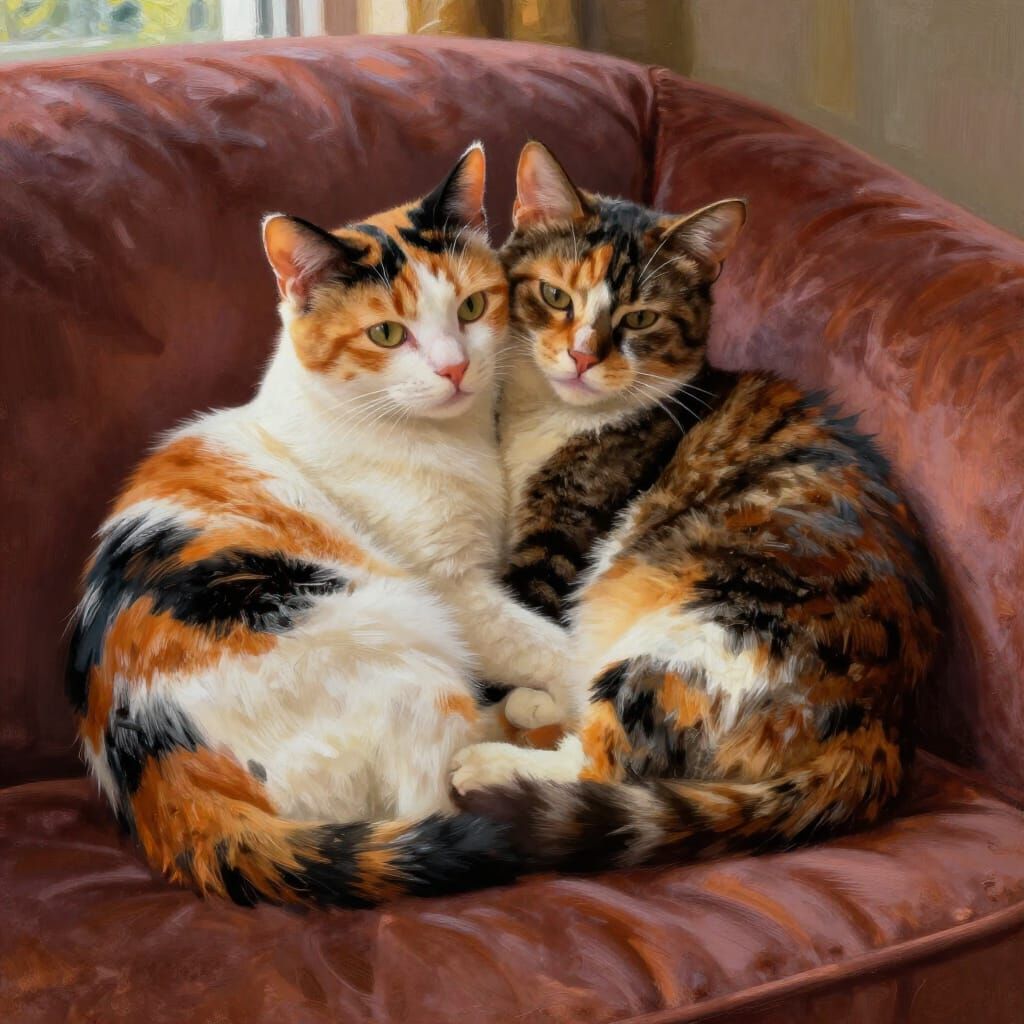 Calico and Tortoiseshell Cats Cozy on Velvet Sofa