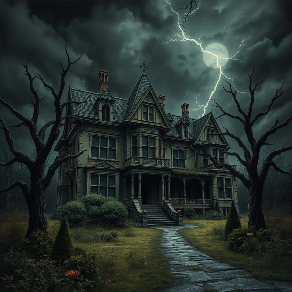 a creepy haunted house --ar 3:2 --sref 1089 --stylize 320 --