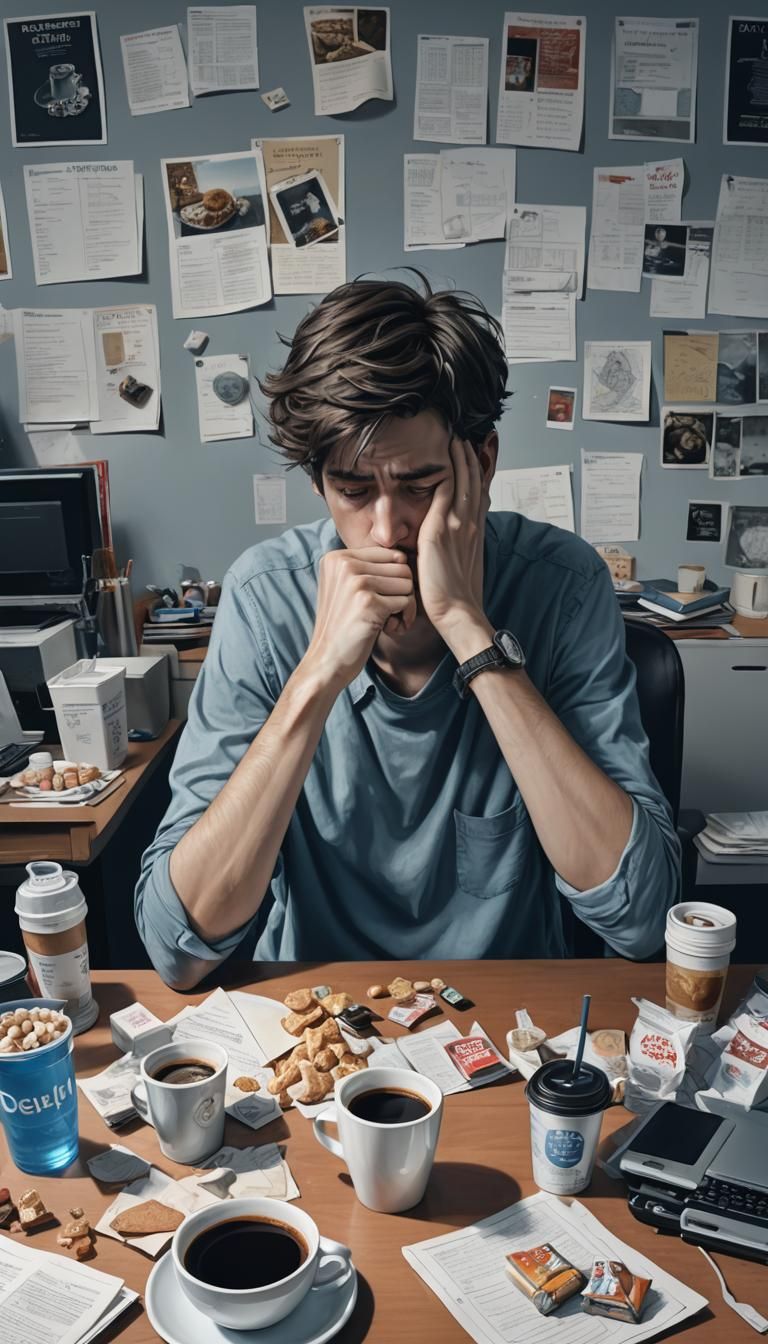 Exhausted Person at Desk in Hyper-Realistic Digital Art