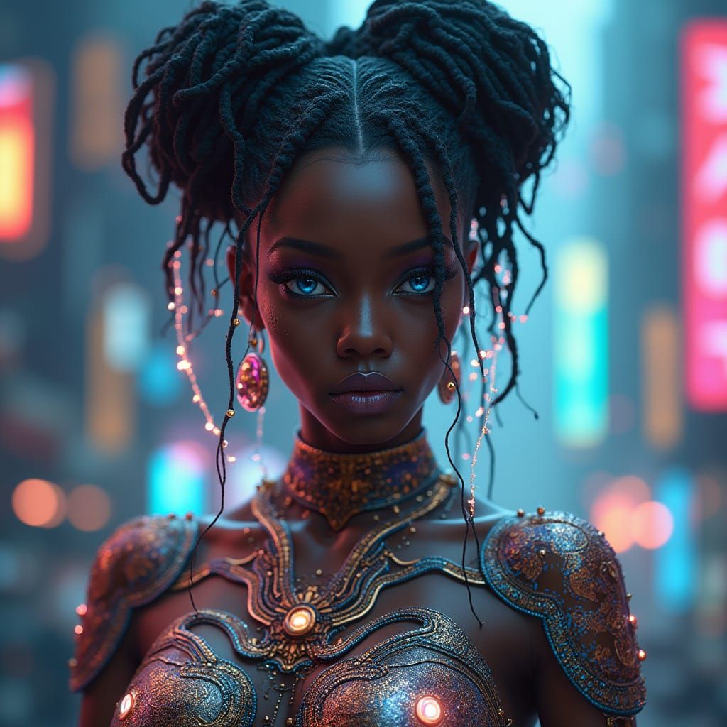 African Black Woman Steampunk Goddess in Iridescent Gown