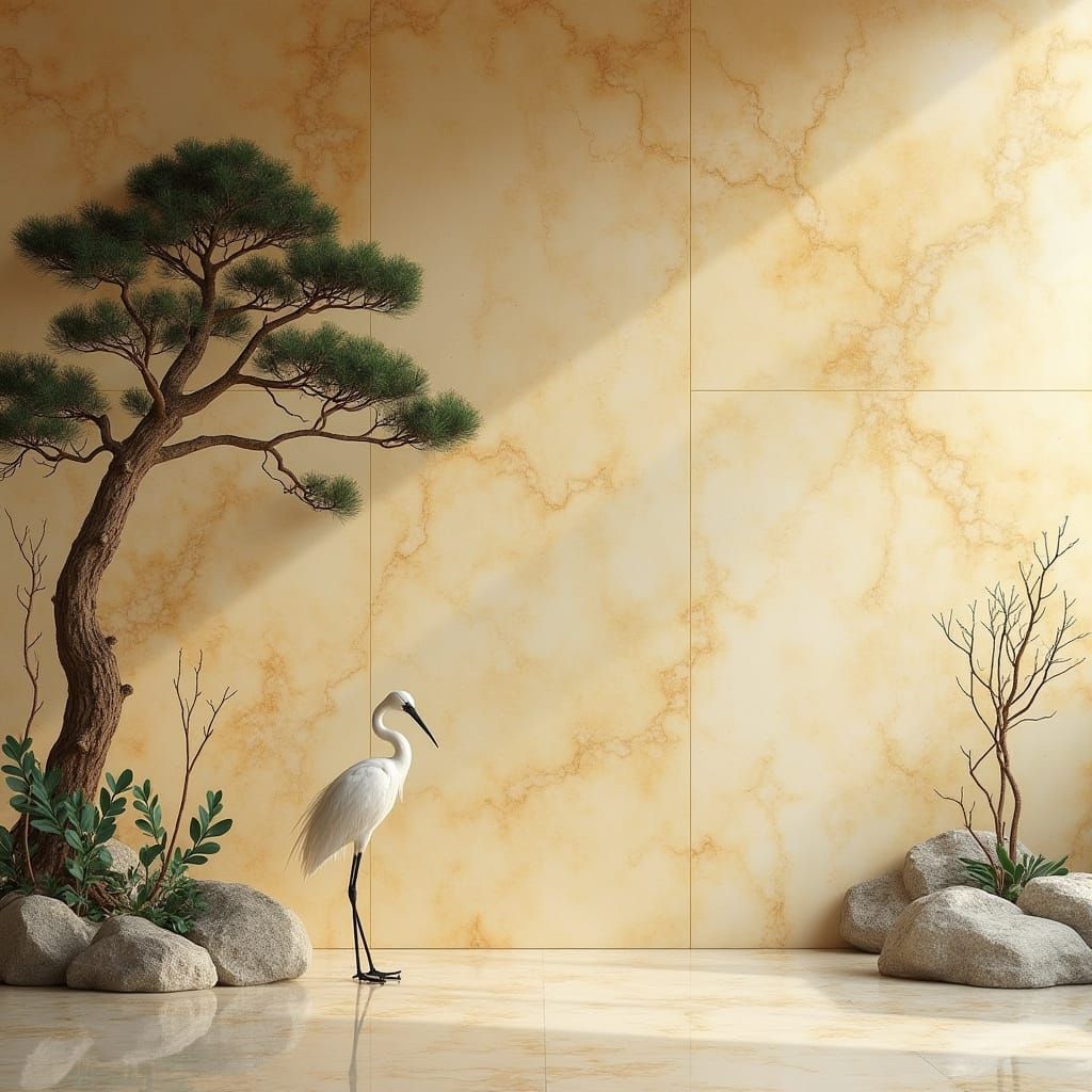 Majestic Pine and Crane in Warm Beige Marble