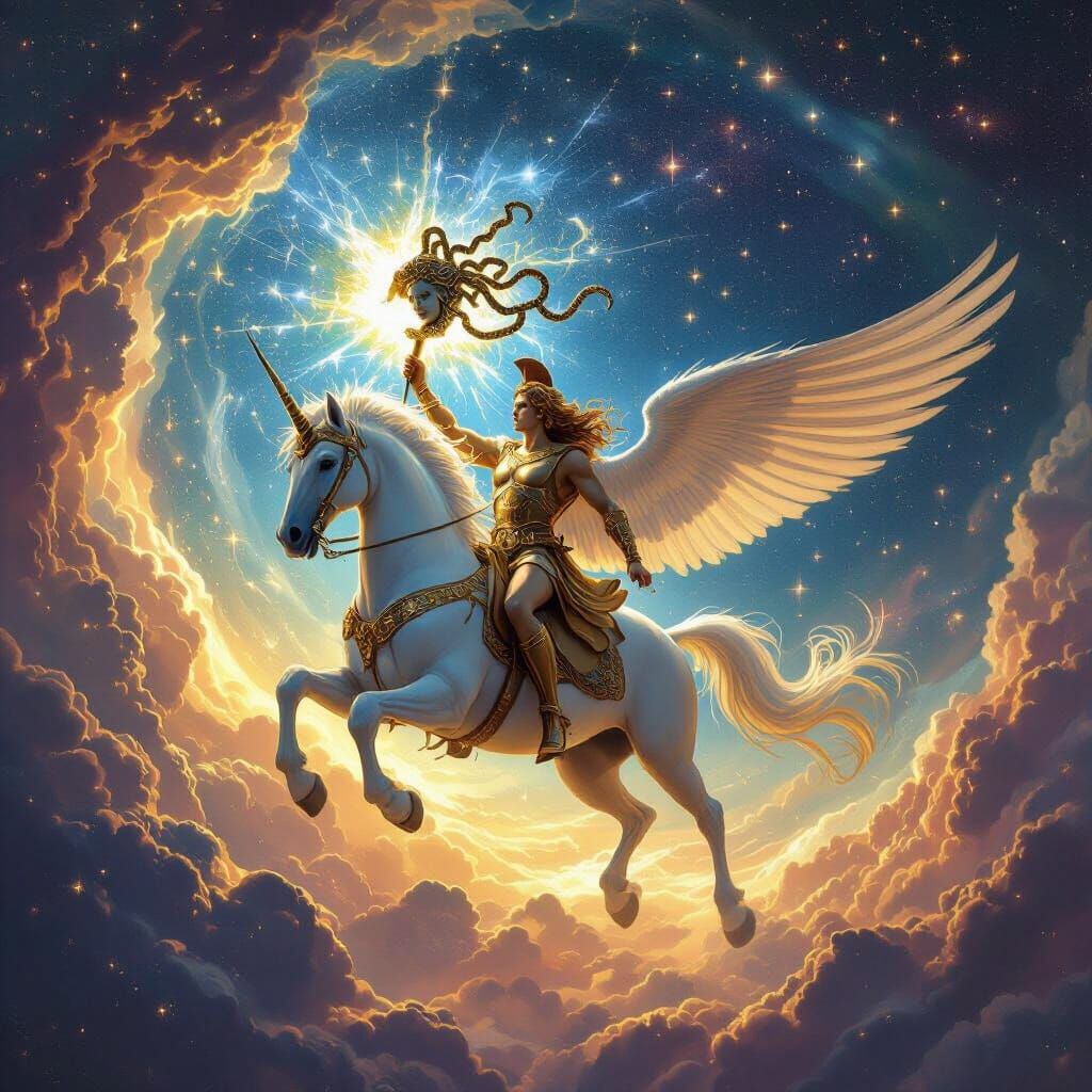 Perseus Rides Pegasus Through Cosmic Sky with Medusa's Head