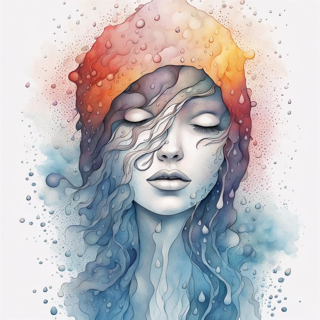 Sad Girl in Rainy Watercolor Style