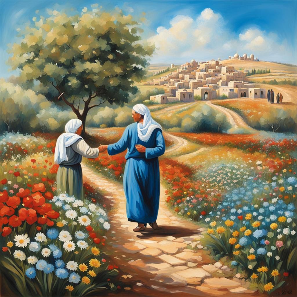 Harmonious Coexistence: Vintage Painting of Israelis and Pal...