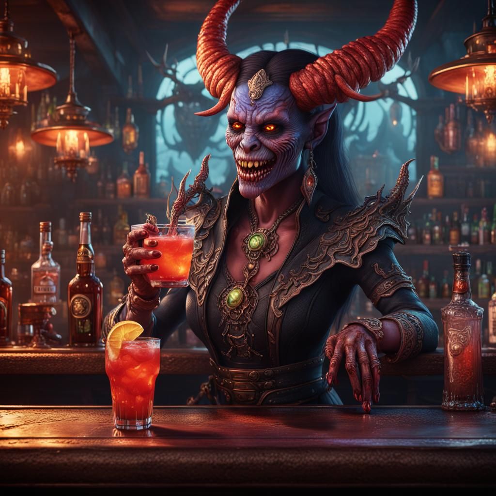 Three-Tongued Demon Serving Drinks in a Matte Painting