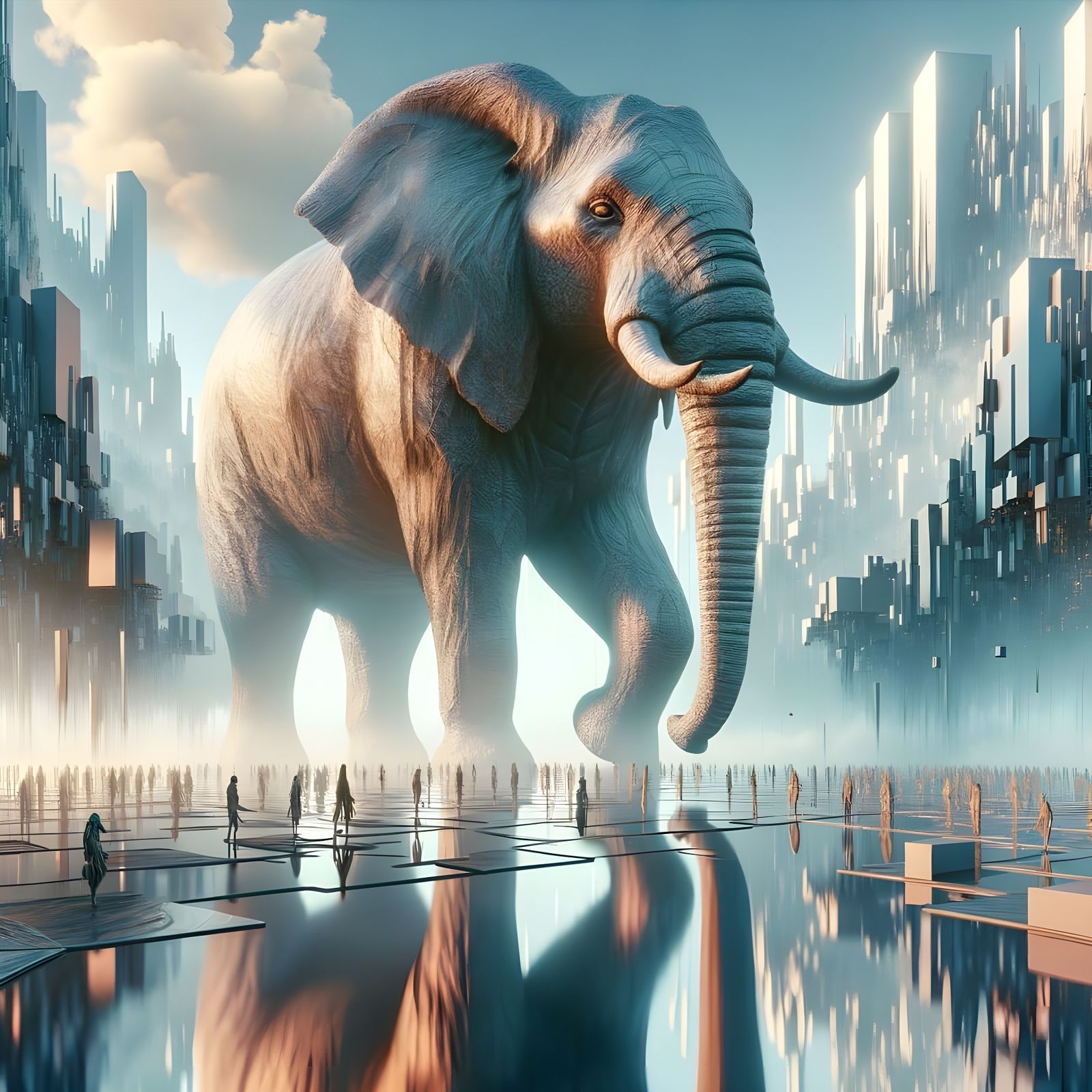Giant Elephant with Ray Tracing Reflections in Dreamlike Set...