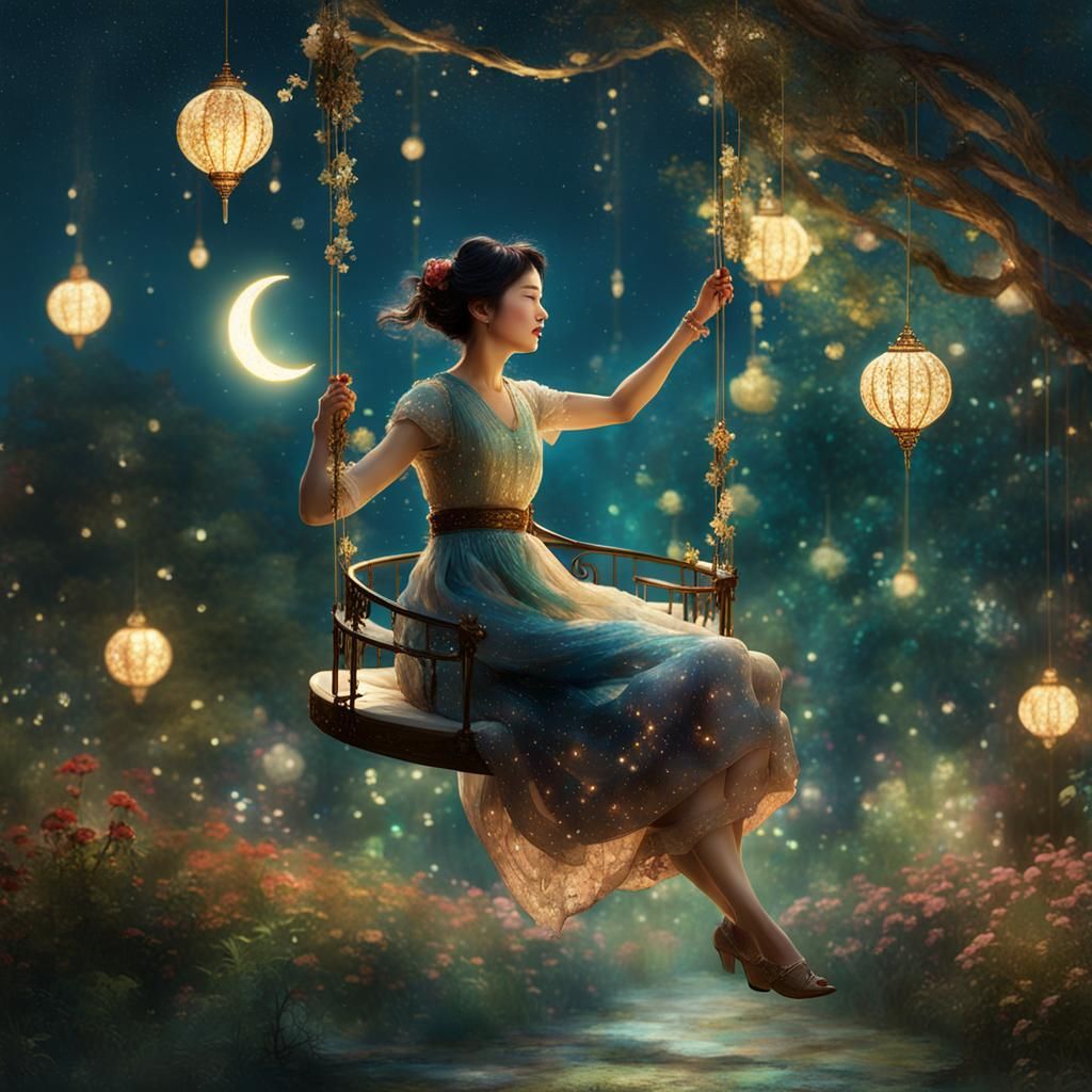 Whimsical Edwardian Woman on a Crescent Moon Swing